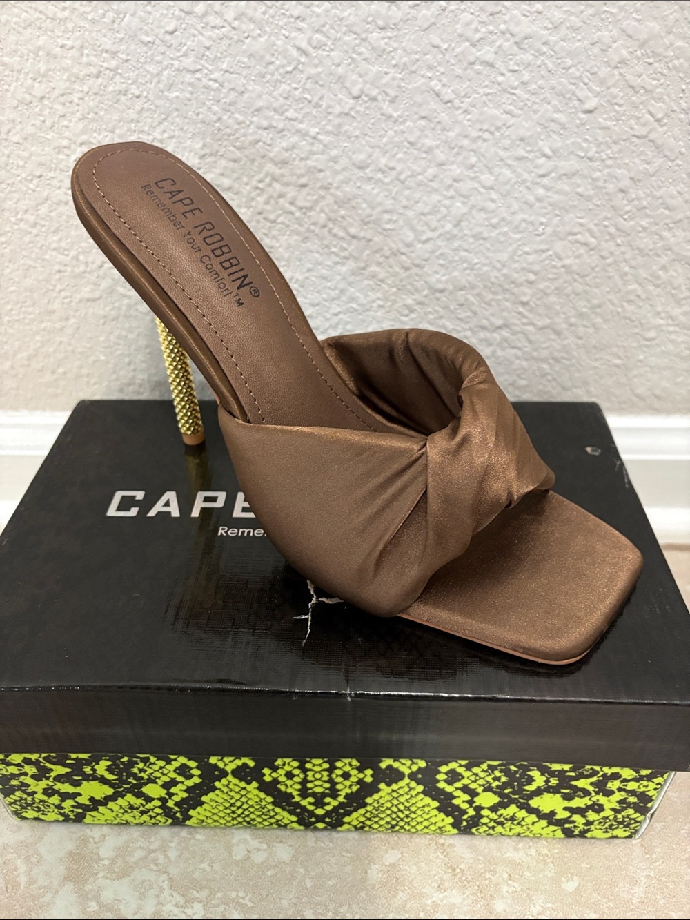 Satin Knotted Mule with Gold Textured Heel